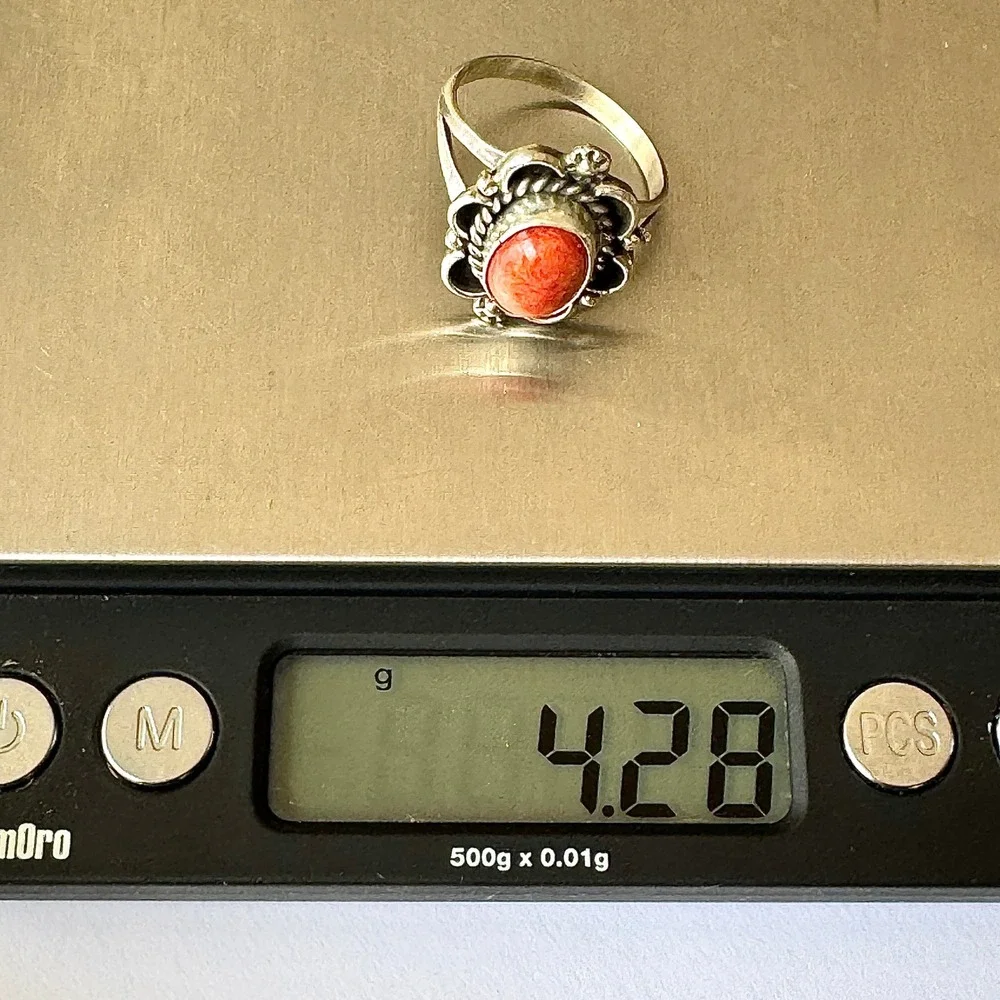 Navajo Flower Ring Orange Spiny Oyster Sz 9 Sterling Silver Native Signed Morgan